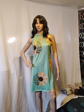 Green Sunflower & Butterfly High Neck Dress | XL | Cottagecore Boho Floral